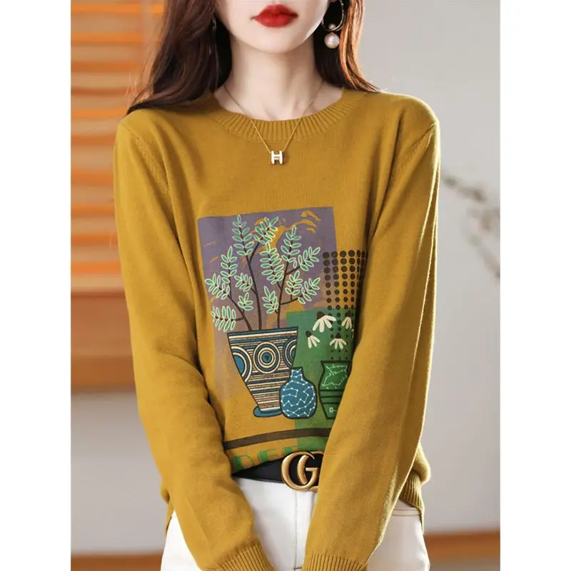 Temperament Autumn/Winter New Sweaters Pullovers Women\'s Clothing O-Neck Printing Fashion Casual Loose Long Sleeve Knitted Tops