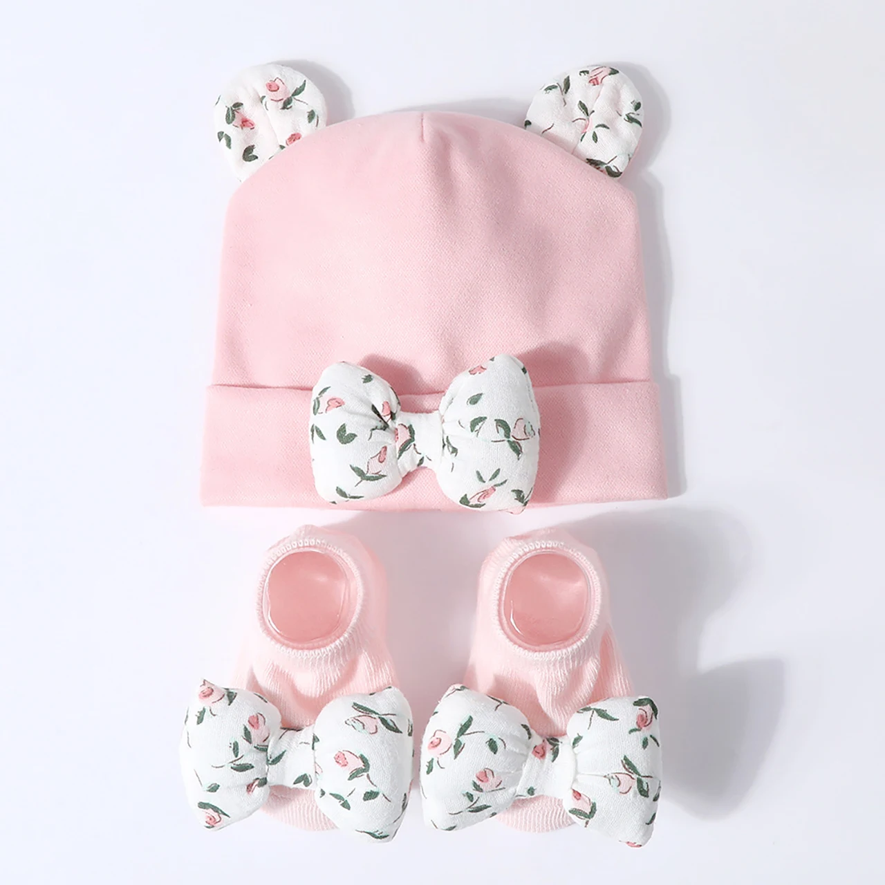 Sweet Bow Beanie Newborn Socks Set 3D Bowknot Doll Baby Pullover Cap 0-1Year Newborn Boat Sock Kids Knitted Hat Elastic Bonnet