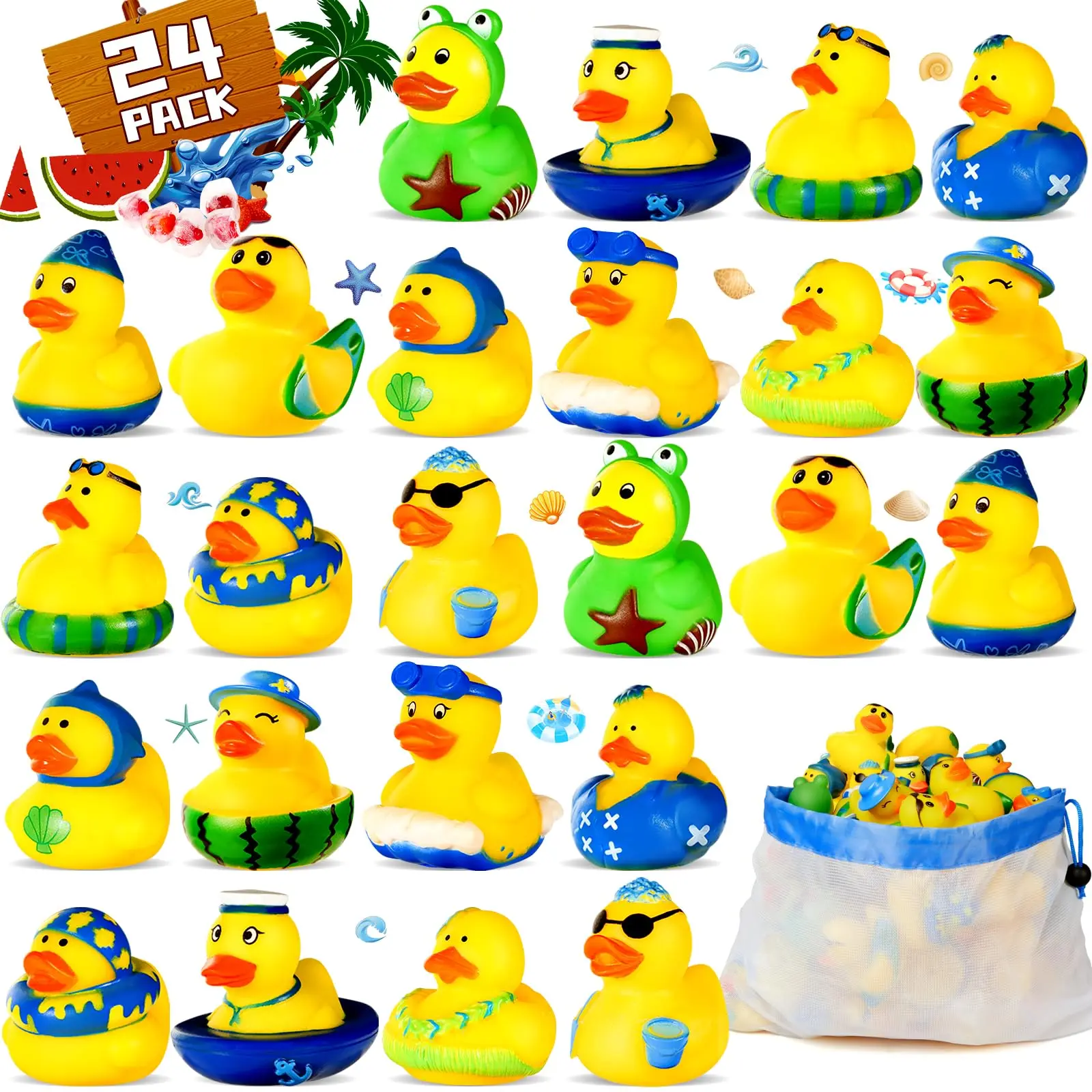 

24Pack Summer Rubber Ducks Party Favors, Assorted Beach Rubber Ducks with Net Bag for Pool Beach Toys,Summer Birthday Gifts Holi