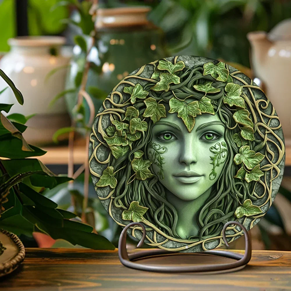 لافتة معدنية مستديرة من الألومنيوم ثنائية الأبعاد، ديكور على شكل وجه امرأة على شكل شجرة خضراء، لافتة إكليل دائرية مسطحة، مناسبة لعيد الهالوين #3