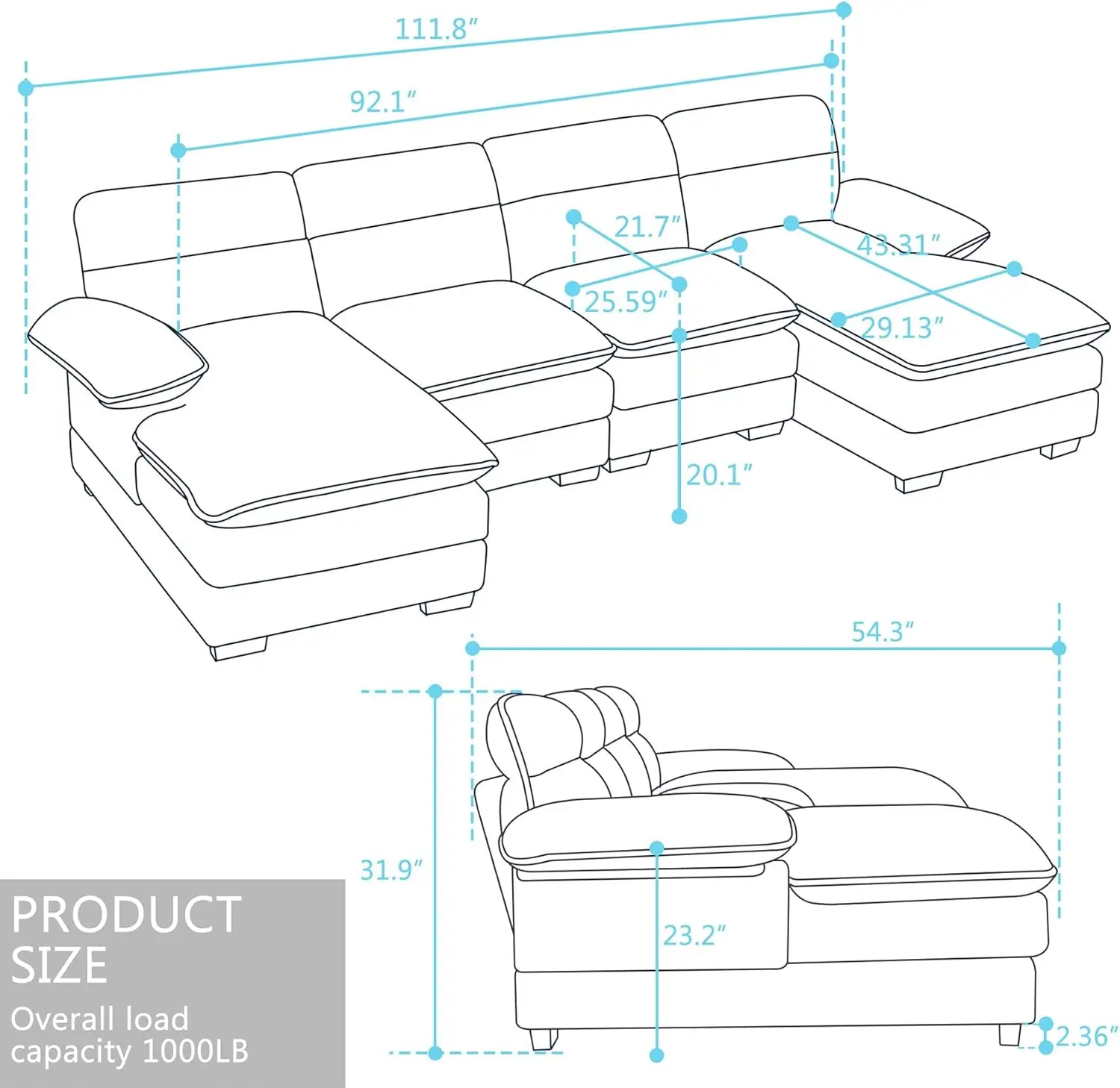 Sofá secional moderno em forma de U, confortável sofá nuvem para sala de estar, dupla combinação reclinável, sofá-cama com macio, 111 pol