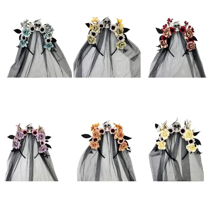 

652F Witch Headpiece Skull Flower Hairhoop For Halloween Day Of The Dead Celebration Veil Hairband for Cosplay