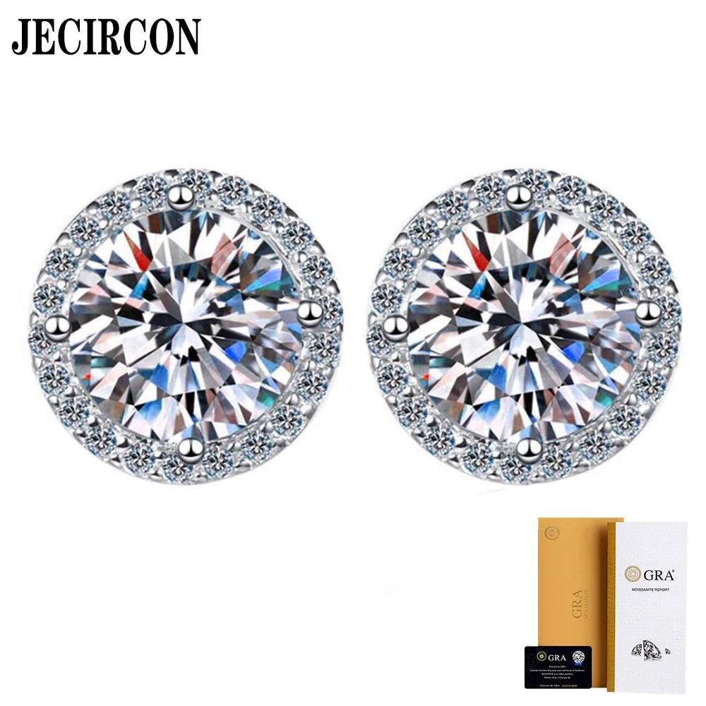 

JECIRCON S925 Sterling Silver Moissanite Stud Earrings for Men and Women Classic 4-Claw Round Ear Jewelry Simple Versatile Trend