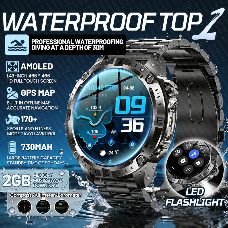 

2026 New TOP 3ATM Waterproof Military Smart Watch Men Outdoor GPS Map Compass 730mAh Battery AMOLED HD BT Call Sports Smartwatch