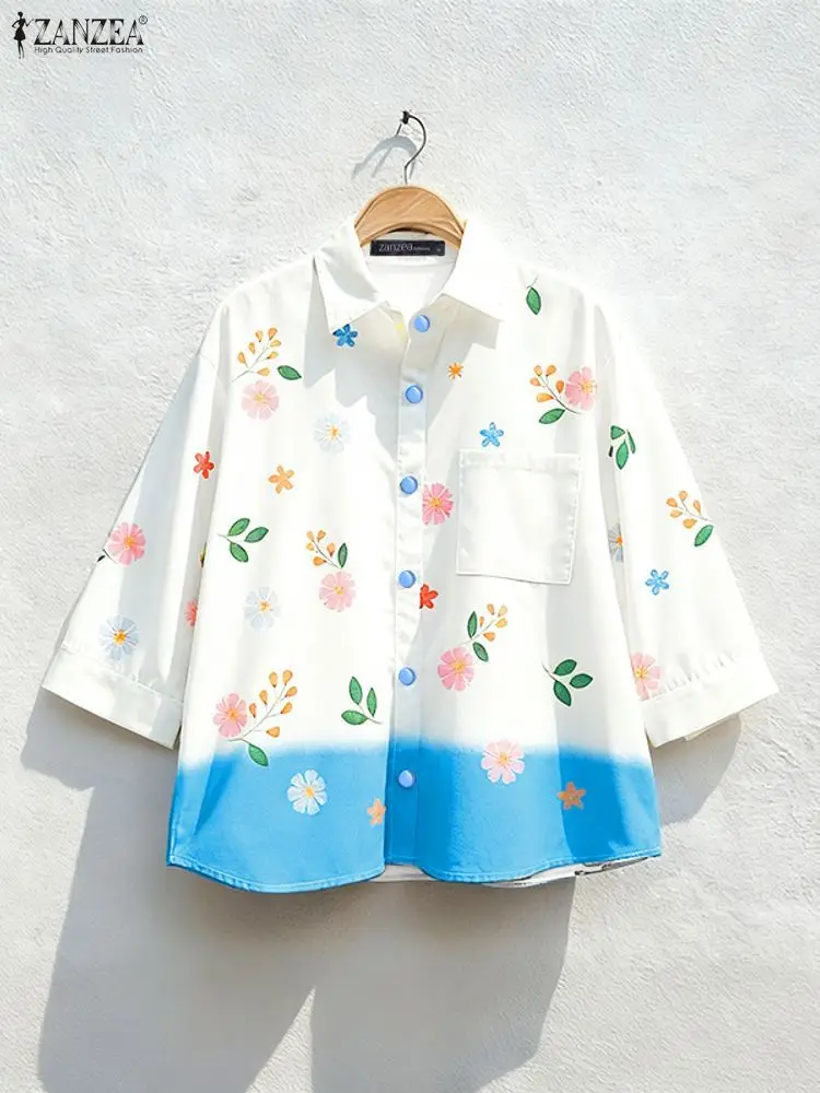 

Стильные рубашки с принтом ZANZEA, осенняя блузка с цветочным принтом, женские топы с лацканами и длинными рукавами, повседневные топы на пуговицах Blusas Mujer Oversize