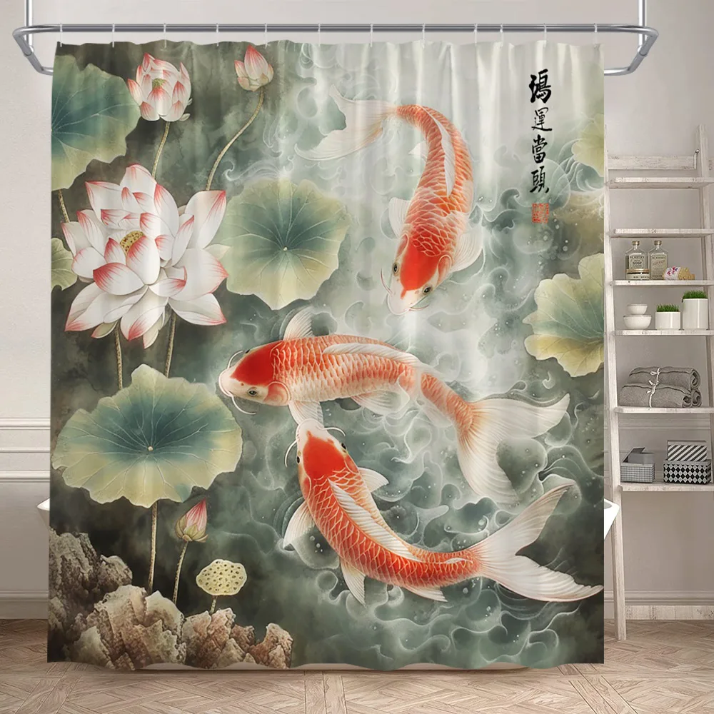 Lotus Carp Shower Curtain Lake Green Leaves White Flowers Koi Fish Chinese Style Bath Curtains Fabric Home Bathroom Decor Set