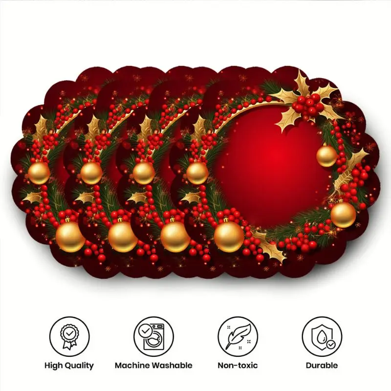 VIKAMA 2/4/6PCS Christmas Placemats, Christmas Ball Pinecone Winter Table Mat, Washable Holiday Party Dining Table Decor