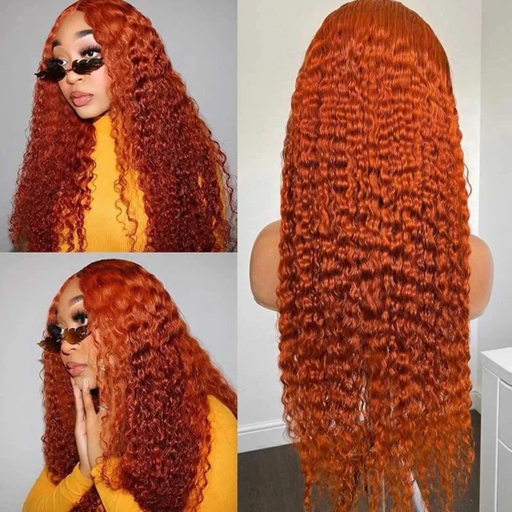 13 × 6 موجة عميقة برتقالي اللون الدانتيل الجبهة الباروكات شعر الإنسان شفافة الزنجبيل الدانتيل شعر مستعار أمامي للنساء قبل قطعها شعر مستعار مجعد 350