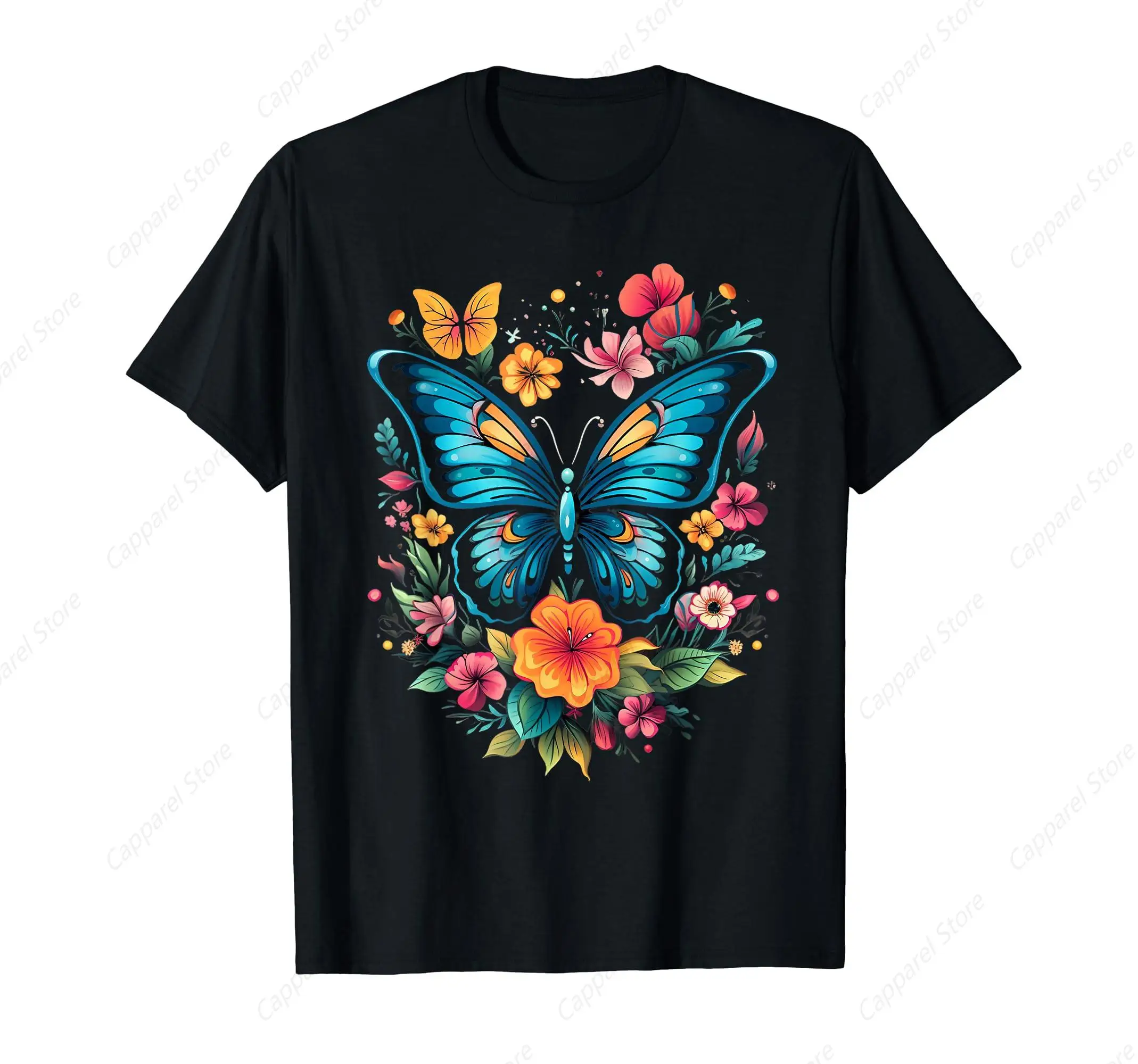 Butterfly With Flowers T-Shirt for Men Cotton 100% Summer Tops Women