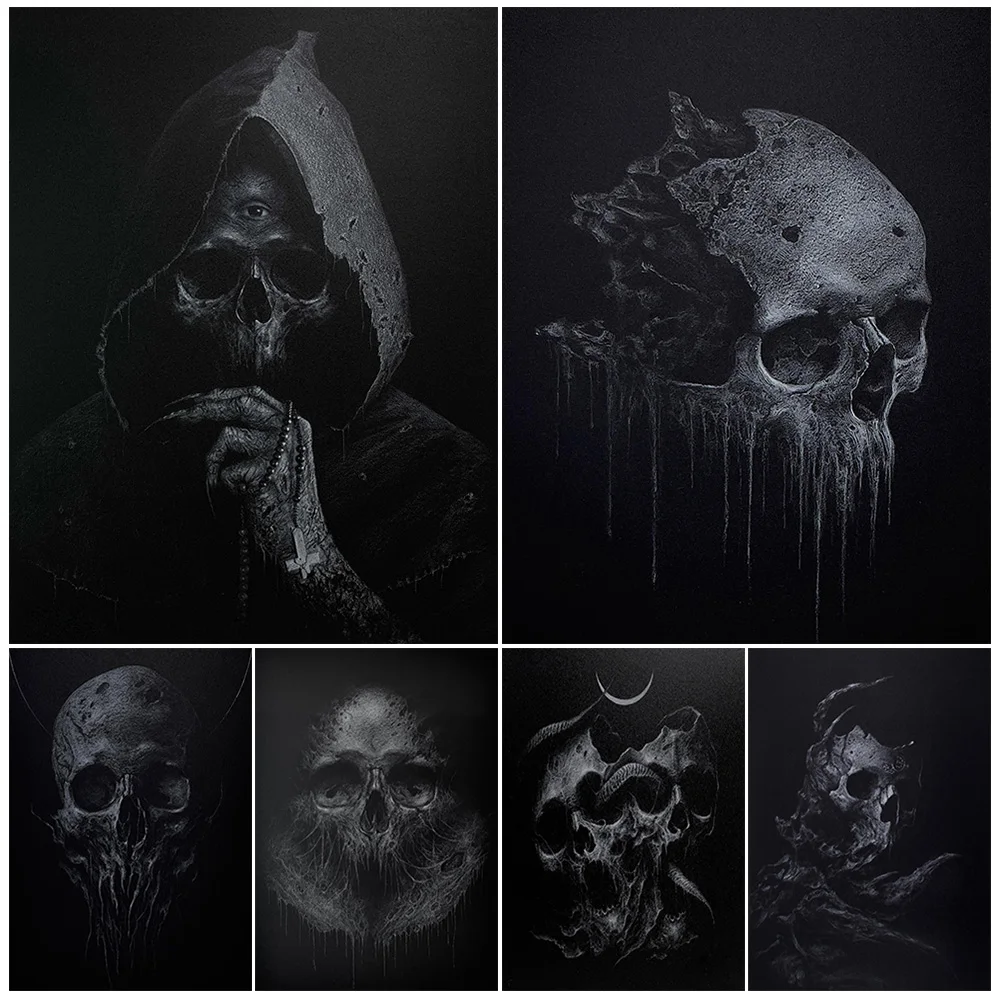 Three-Eyed Skull And Horned Skull,Horror Wall Art,Canvas Painting,Creepy Demon Skull,Abstract Art,Poster And Print Home Decor