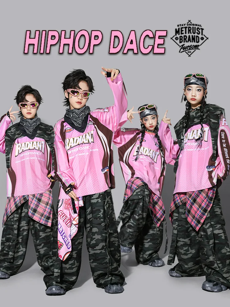 Kid Kpop Hip Hop Clothing Pink Top T Shirt Camouflage Pants for Girl Boy Jazz Dance Costume Clothes Tween Kids Top+Bottom Suit