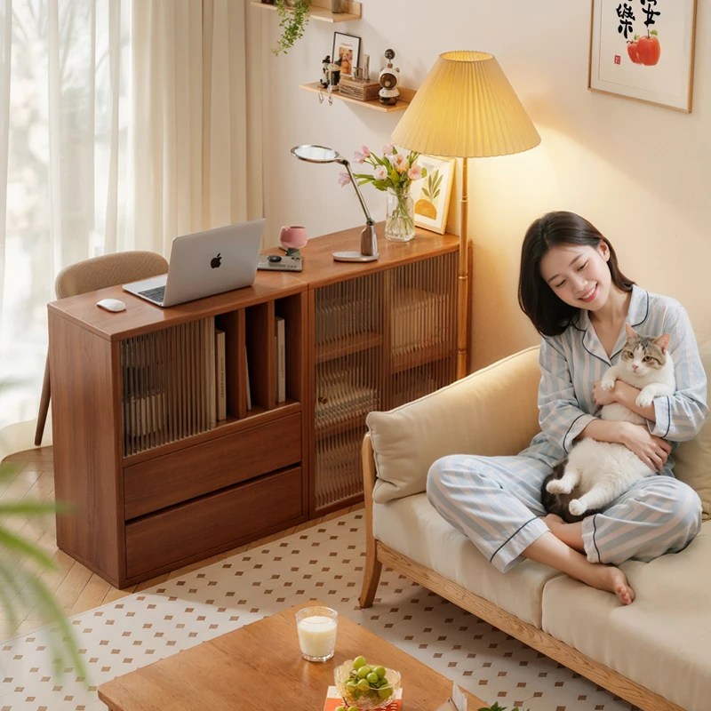 

Solid wood sofa side cabinet Floor-to-ceiling low storage free combination Living room storage display locker