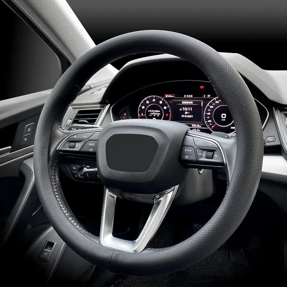 For Nissan Nappa leather car steering wheel cover for all seasons 15 inches 38 cm non-slip breathable black handle cover