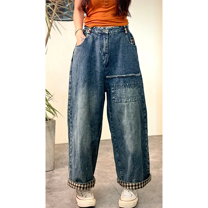 Masss Wasss Designer Automne Femmes Vintage Plaid Jeans Lâche Pantalon En Denim Décontracté 2025 Dames Classique Décontracté Taille Haute Pantalon
