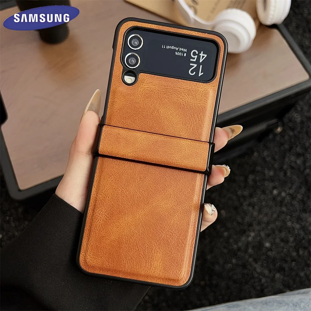 Luxury Calfskin PU Leather Fold Phone Case Samsung Galaxy Z Flip7 Flip 6 5 4 3 5G Lens Protect Matte Shockproof Business Cover