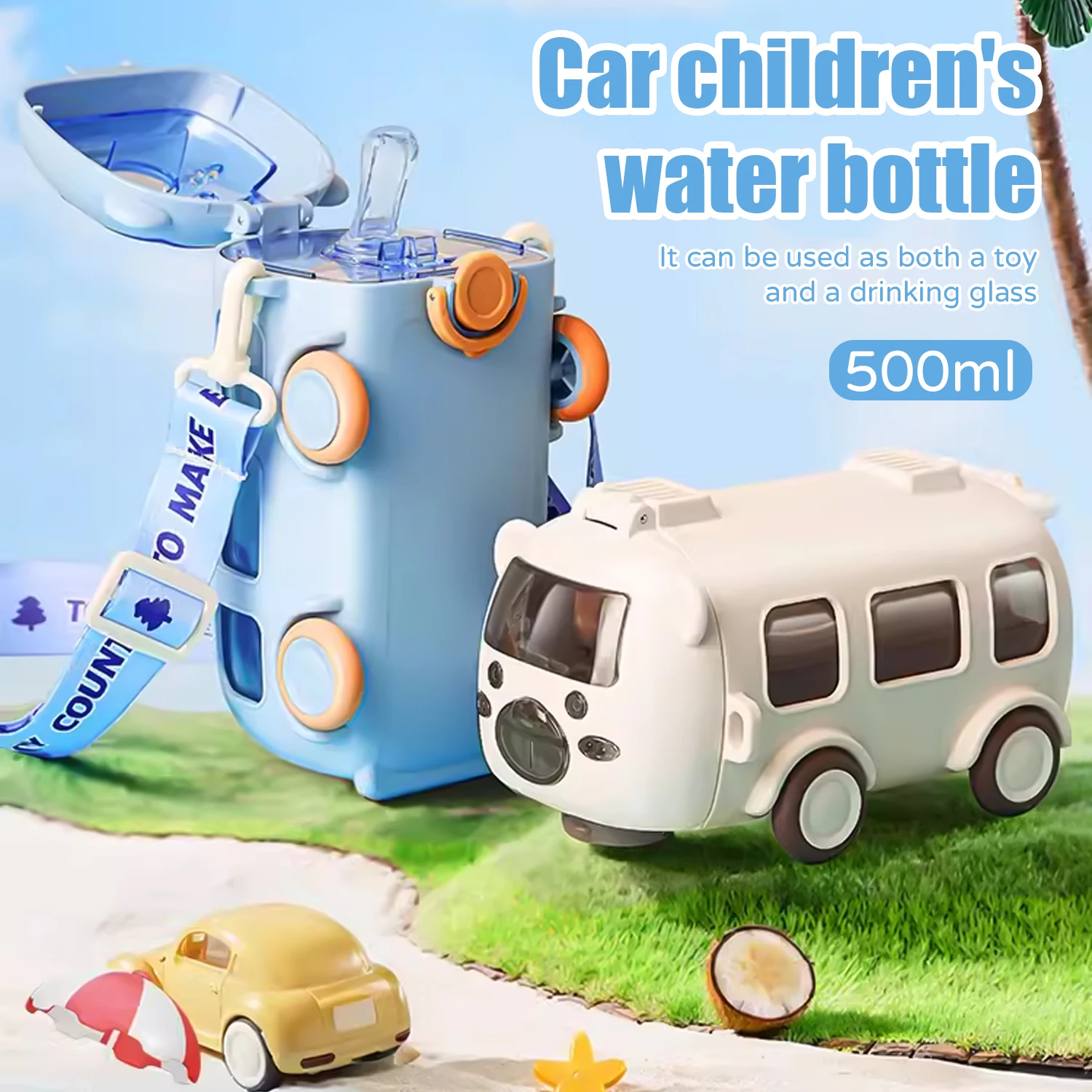 500ml Cute Bear Portable Water Bottle With Shoulder Strap Kid Car Straw Water Cup Bus Shape Children's Water Bottle Drinking Cup