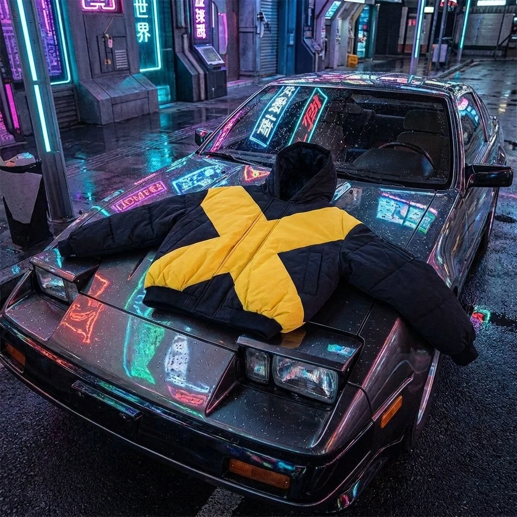 

Y2K Vintage Harajuku Hooded Jacket Yellow Black Big X Graphic Streetwear Oversized Bomber Coat Retro Hip Hop Unisex Outerwear