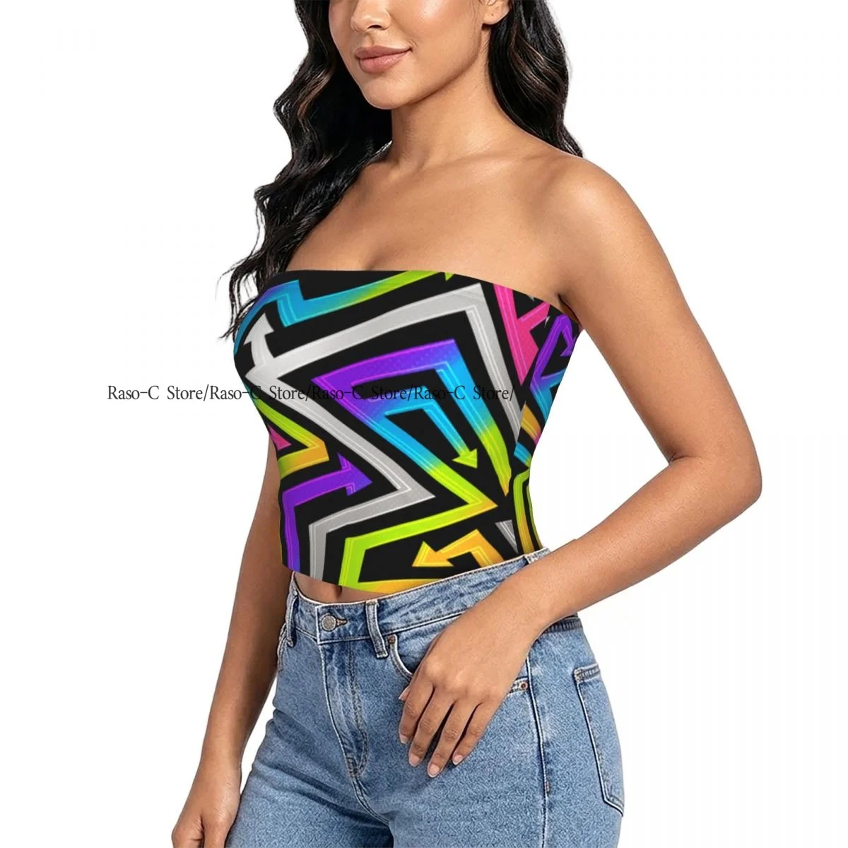 Strapless Sexy Tube Tops Summer Outfits Women Backless Shoulder Wrap Rainbow Geometric Arrows Pattern Female Crop Top
