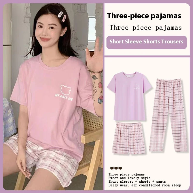 New Three-Piece Pajamas Homewear Women Cotton Spring and Summer Sweet Girl Department of Short-Sleeved Simple Leisure Homewear