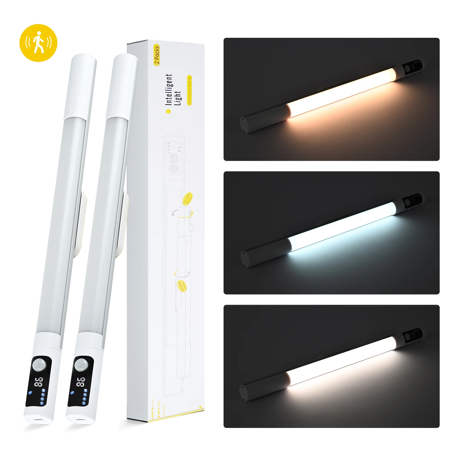 2Pcs LED Human Motion Sensor Light Digital Display Rotation Magnetic Base Wall Lamp Bedroom Wine Cabinet Shelf Sideboard 38CM