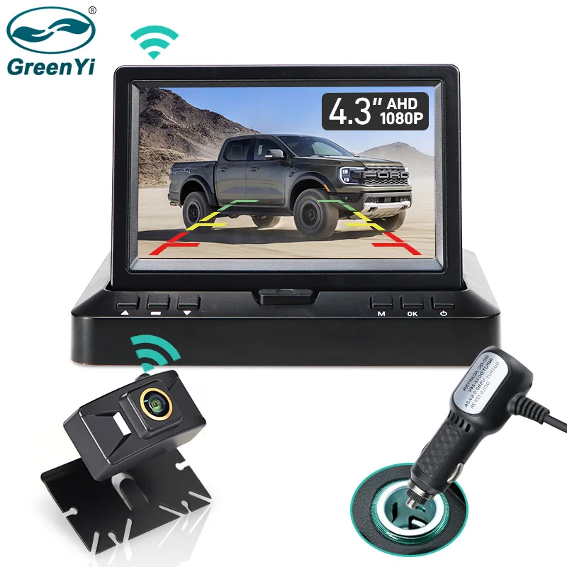 

GreenYi Wireless AHD 4.3'' Foldable Digital IPS Screen Folding Dash Car Monitor Fisheye Golden Lens 1080P Wifi Rear View Camera