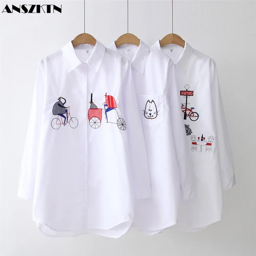 embroidered white shirt vintage BF long sleeved shirt medium length women