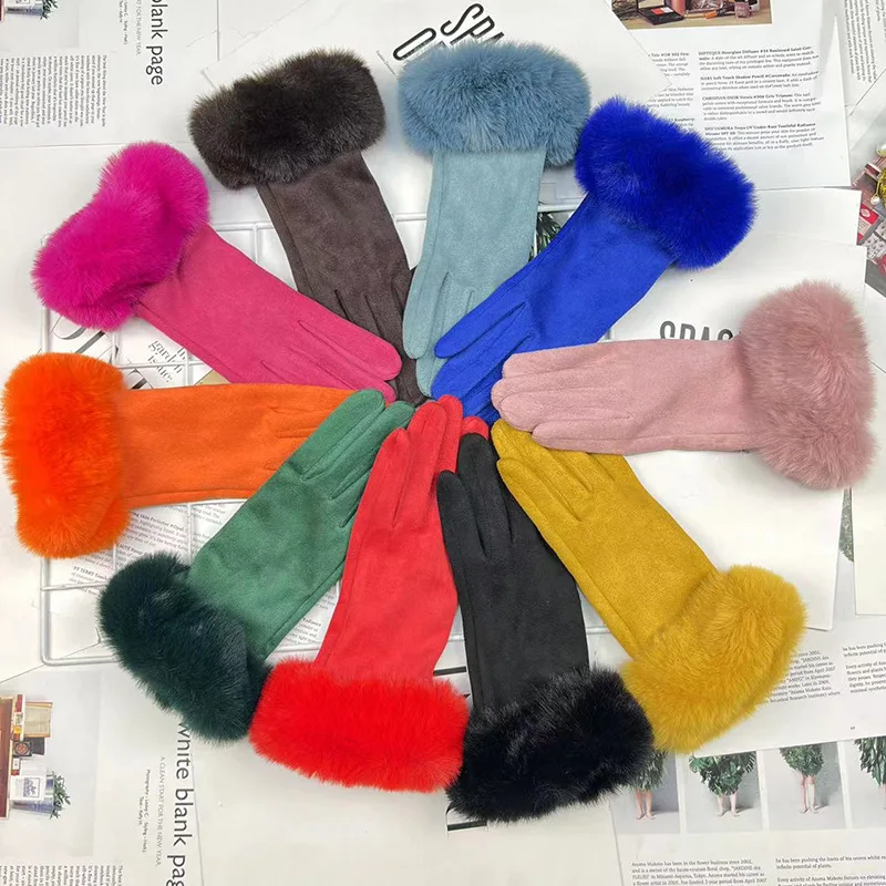 Candy Color Plus Velvet Thicken Women Keep Warm Gloves Fashion Elegant Plush Wrist Winter Cycling Drive Touch Screen Gloves