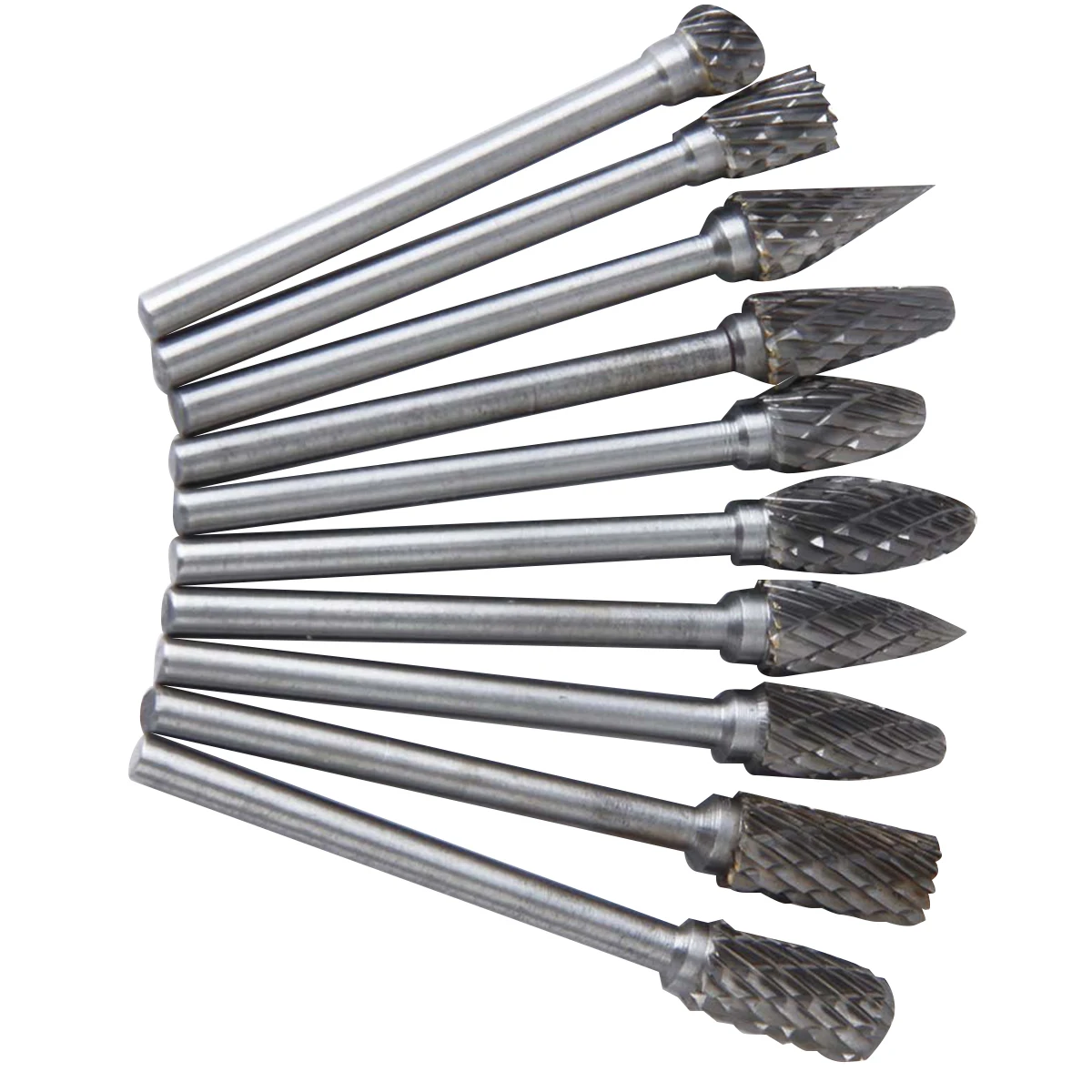 

10pcs Tungsten Steel Carbide Burr Set 6mm Head 3mm Shank YG8 Alloy Cylindrical Ball Conical Burrs for Metal Deburring Polishing