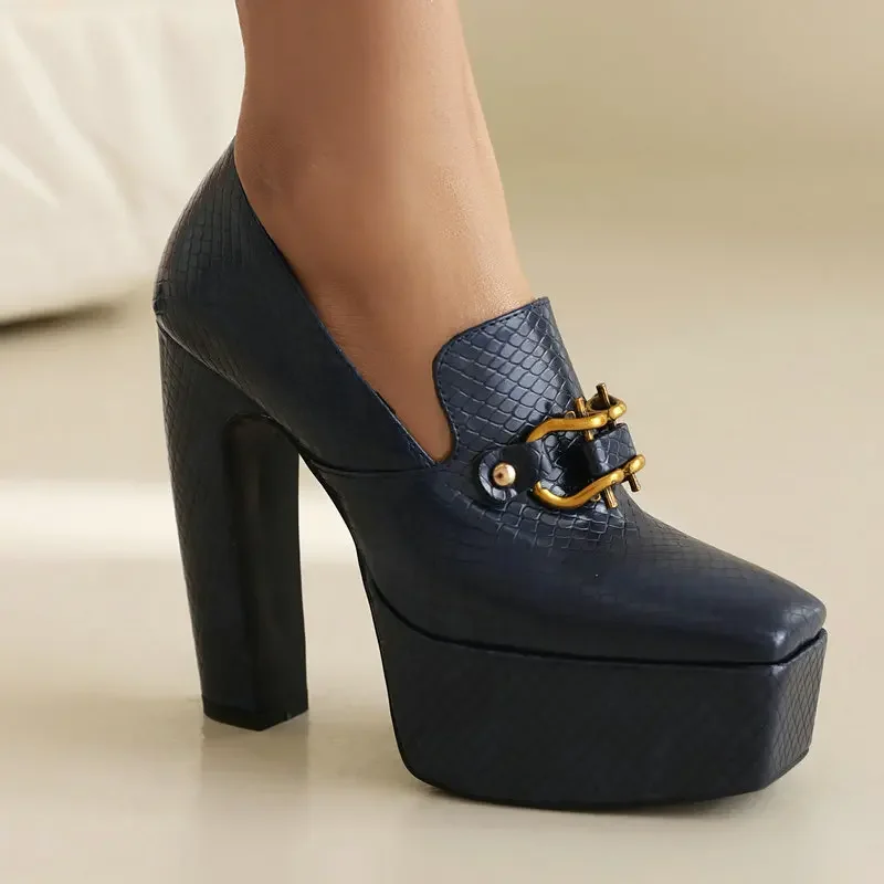 Spring Autumn Stone Pattern 13.5cm  High-heeled Shoes Waterproof Platform Metal Fasteners Night Club Walk Show Women Shoes 35-43