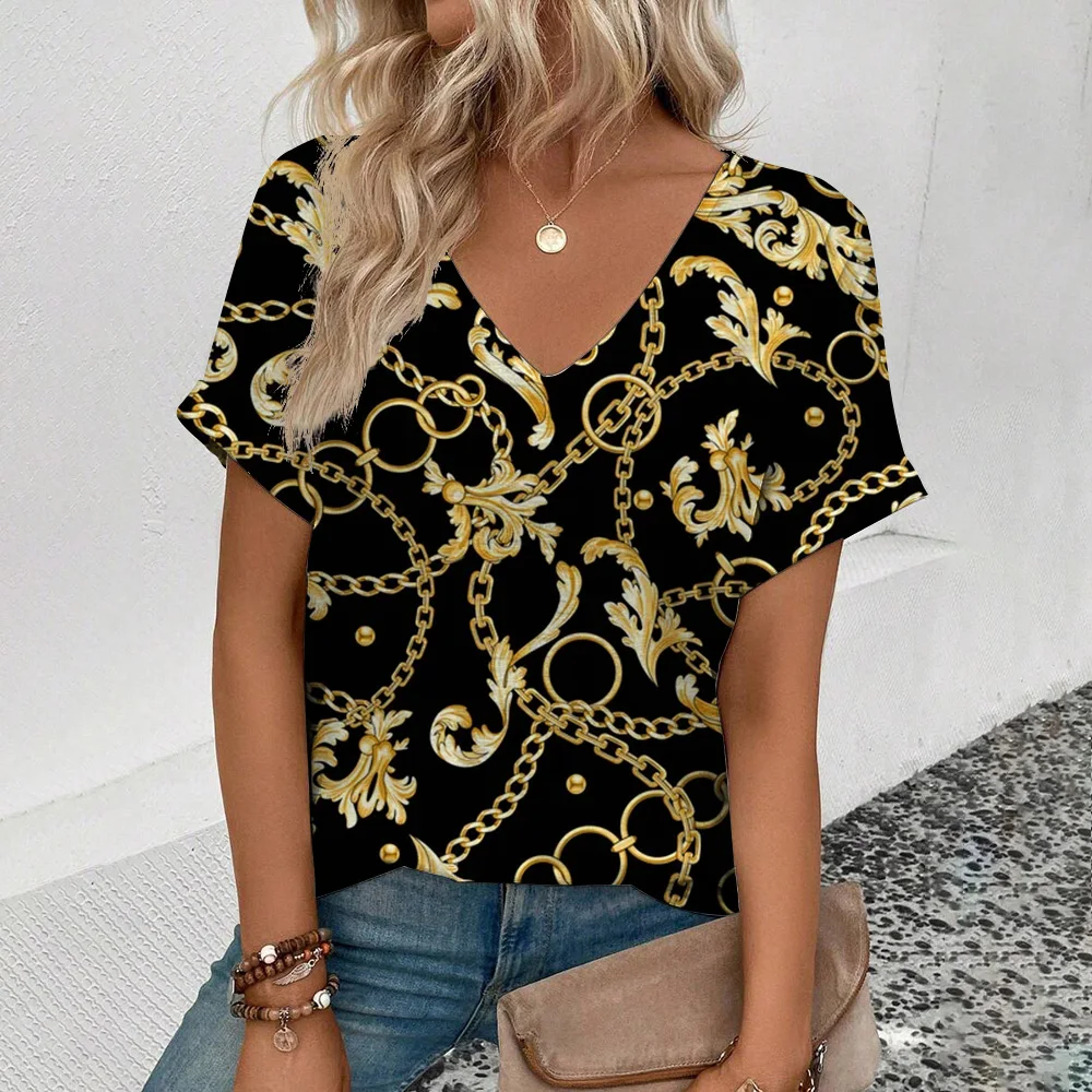 2024 Women\'s V-neck T-shirt Fashion Retro Gold Necklace Pattern  T-shirt  Women\'s Short Sleeved T-shirt Summer Leisure T-shirt