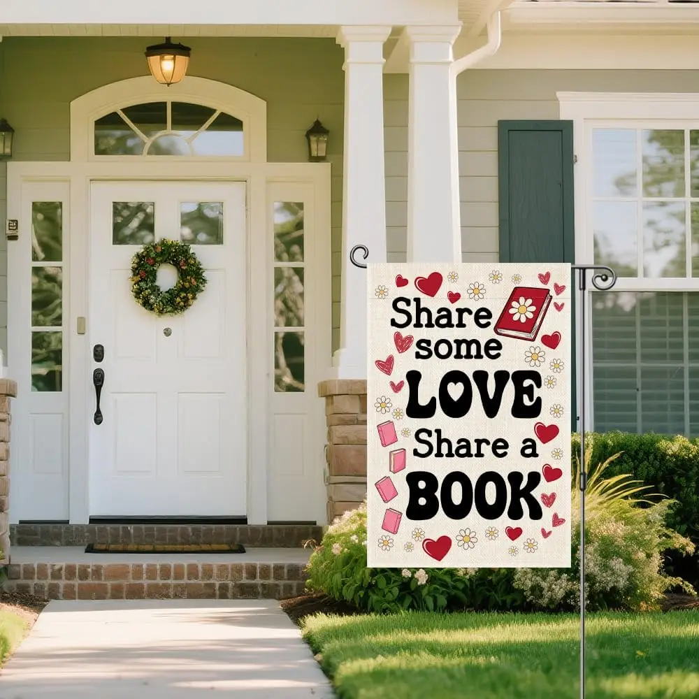 Share Some Love Share a Book Funny Garden Flag, Little Free Library Banner, Valentines Day Librarian Gifts for Readers Books GGO view 5
