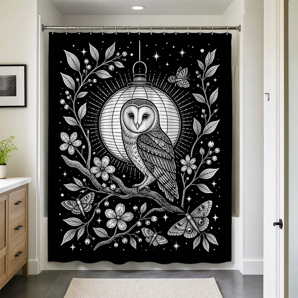 Gothic Boho Waterproof Shower Curtain Black Panel Owl Butterfly Floral Nature Line Art Bathroom Decoration Curtain Tapestry