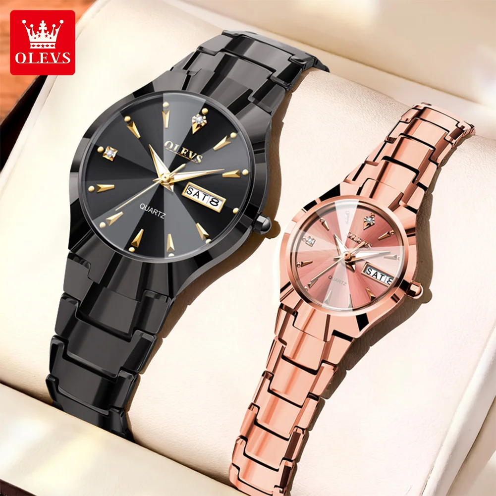 OLEVS 8697 Couple Watches Tungsten Steel Quartz Watches Waterproof Luminous Week Date Wristwatch For Couple Watch Gifts Box