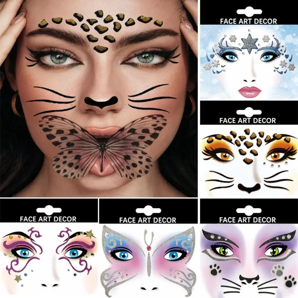 Shining Face Stickers Cartoon Swan Cat Leopard Glitter Makeup Stickers Glitter Ice Face Art Decor Theater Gifts Birthday Party