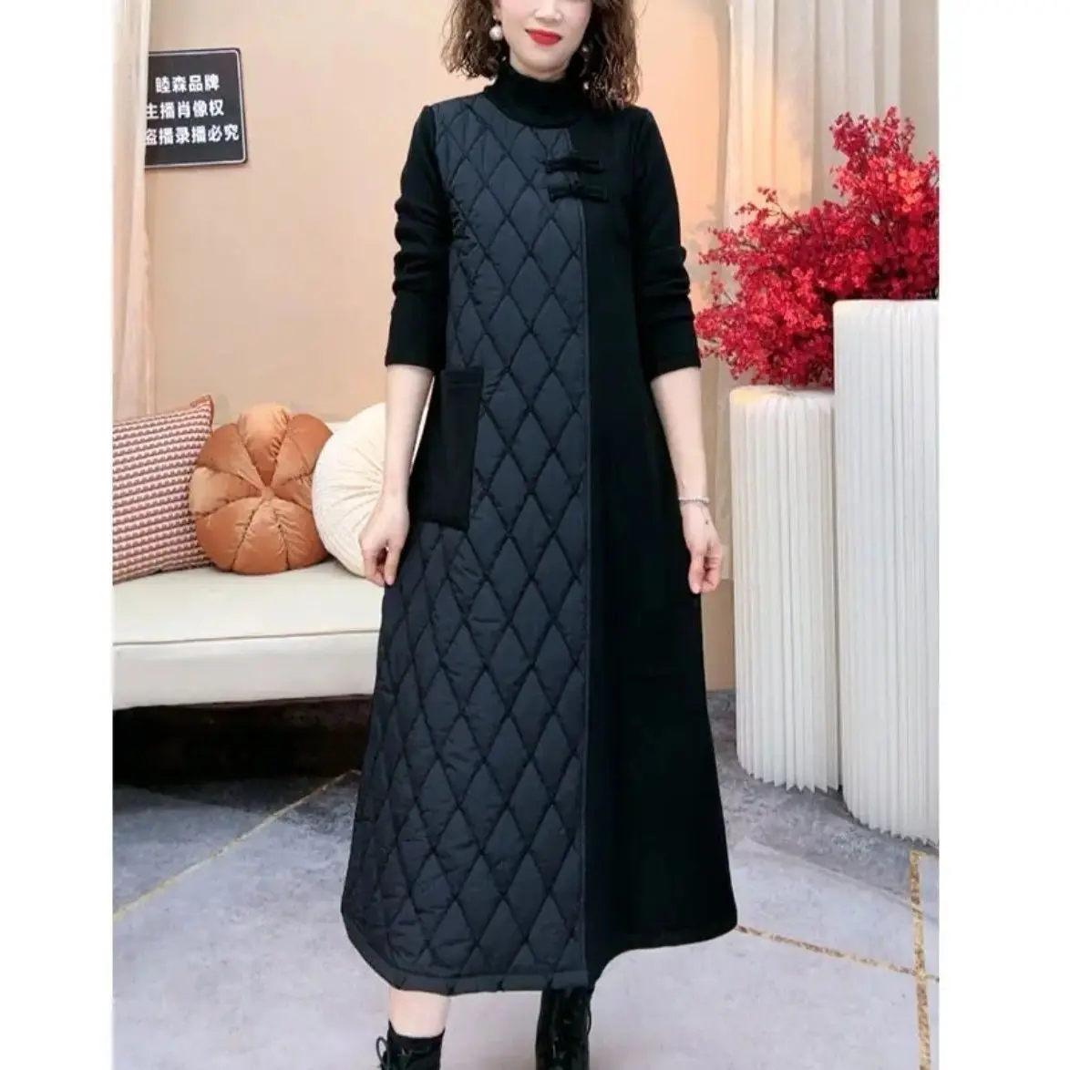 Plush and Thick Mom Warm Winter Dress Chinese Style Middle Aged Fashionable Loose Meat Covering and Age Reducing Skirt