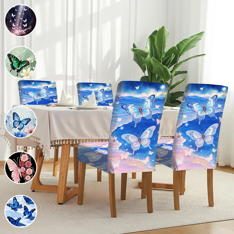 Elastic printed dining chair cover, removable and washable anti-grab dining chair cover, dream sea view butterfly pattern