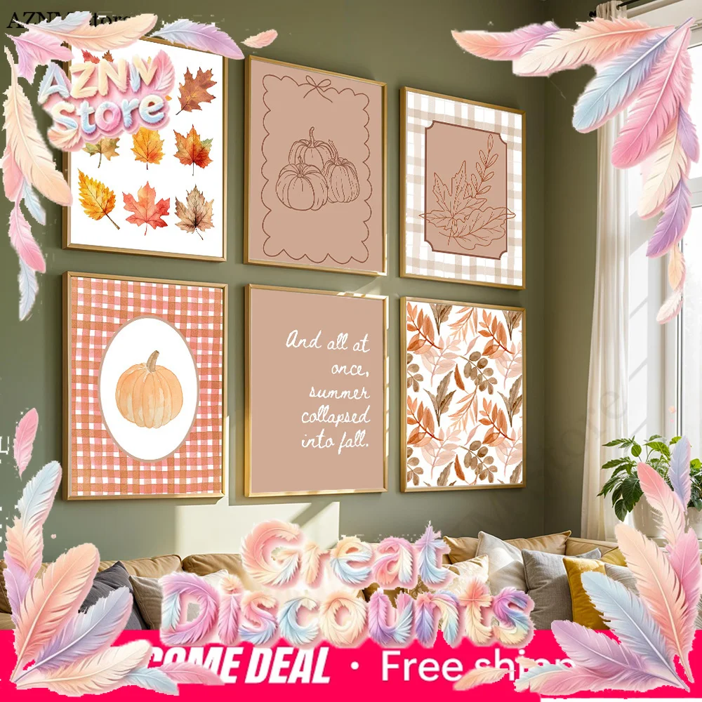Fall Wall Art Bundle  Autumn Prints Poster Pumpkin Leaves  Apple Gingham Decor Cozy October & Fall Quotes Canvas Print Poster