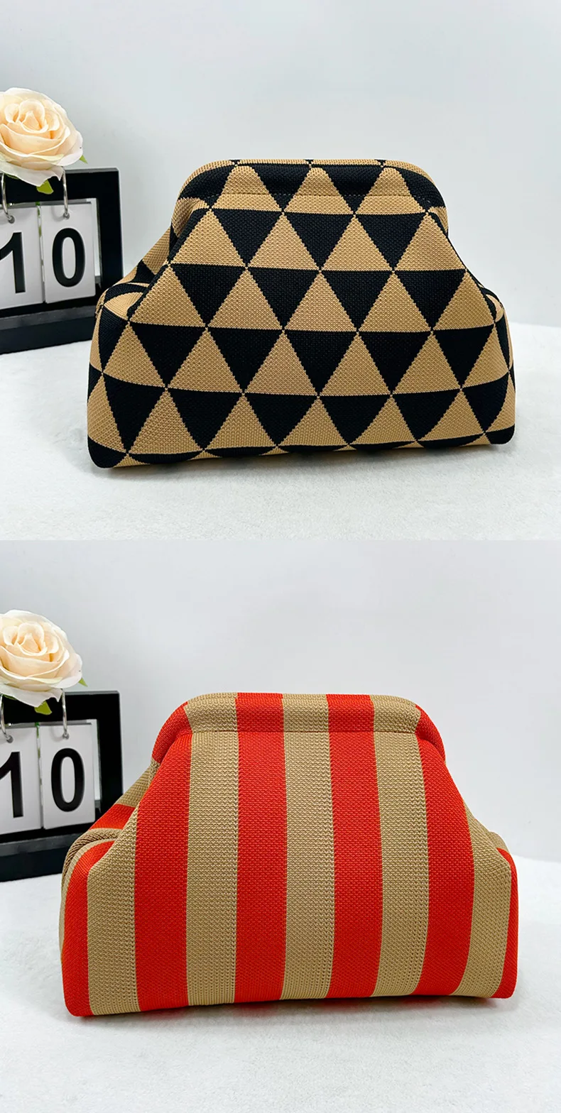 Sommer-Strand-Clutch für Damen, gewebte Häkel-Handtaschen, Geldbörsen, Stricken, Knödel-Clutch, gerüscht, niedliche Wolke, lässige Colorblock-Tasche – Detail 2