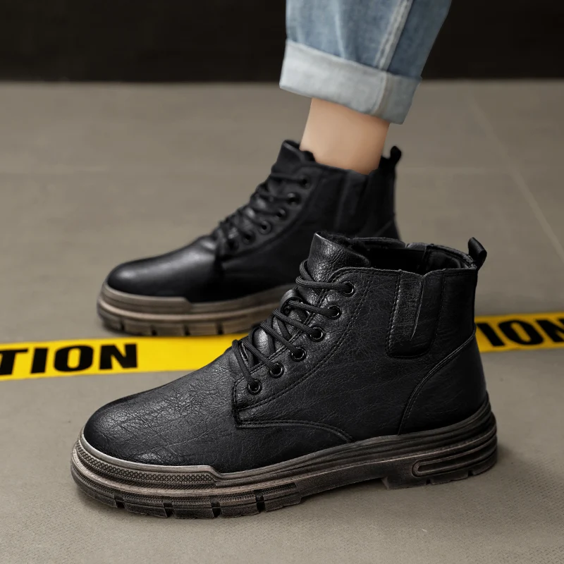 

Men's Mid-top Leather Side Zipper Fashionable and Versatile All-season Flat Large-sized Versatile Outdoor Warm Work Boots