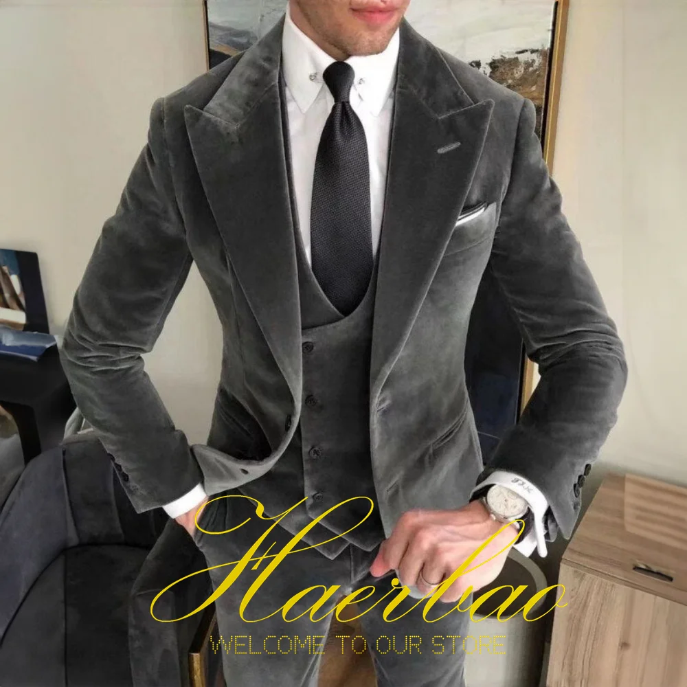 Traje de terciopelo de negocios para hombre, 3 piezas, gris (chaqueta, pantalones, chaleco), chaqueta Formal con cuello de solapa, ropa para hombre