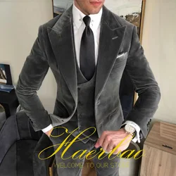 Suit for Men Business Velvet Suit 3-Piece Gray (Jacket Pants Vest) Formal Gun Lap Collar Blazer Male Handsome Clothes