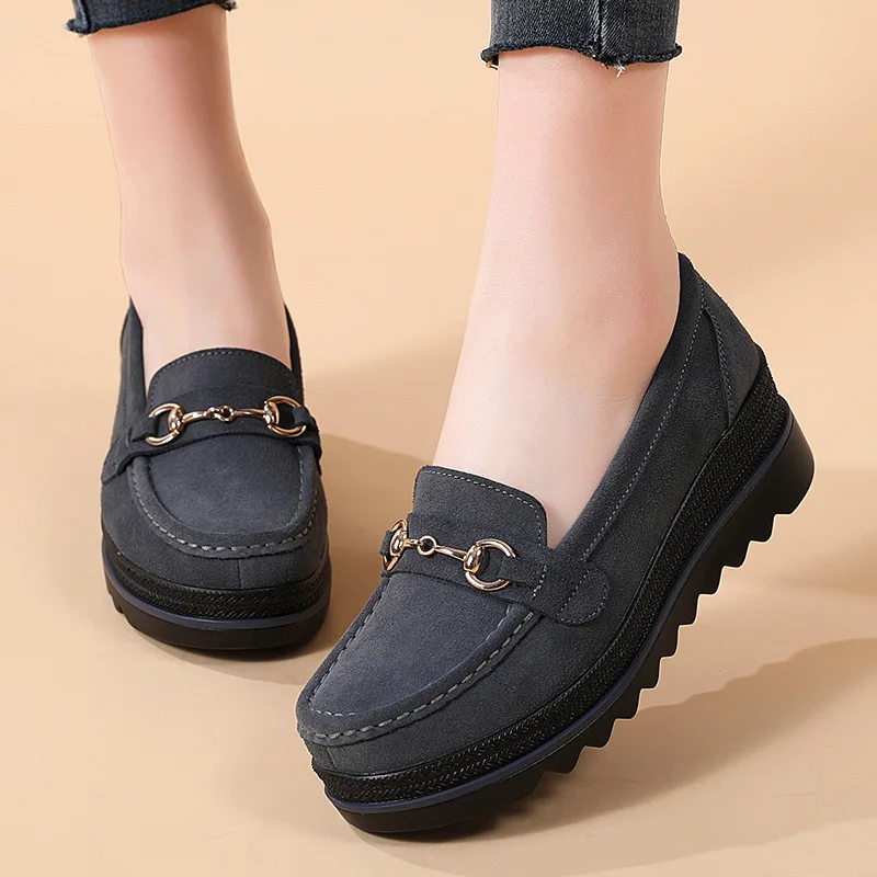 Spring Platform Women Shoes Autumn Flats Sneakers Suede Leather Casual Shoes Metal Buckle Decorate Comfort Slip on Women Loafers