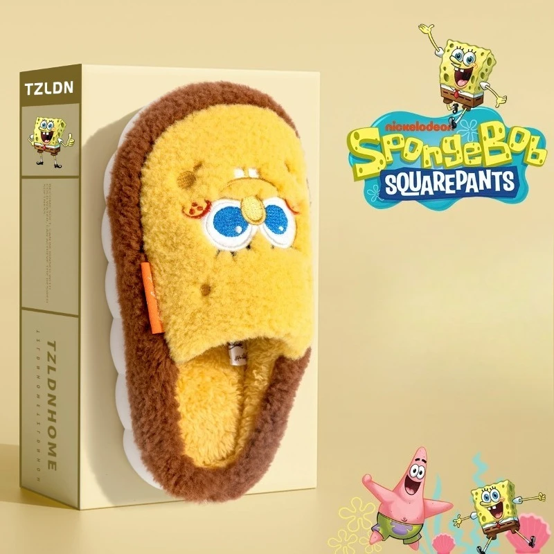 Женские и мужские замшевые домашние тапочки SpongeBob, нечеткие тапочки без шнуровки с подкладкой из искусственного меха, домашняя уличная домашняя обувь
