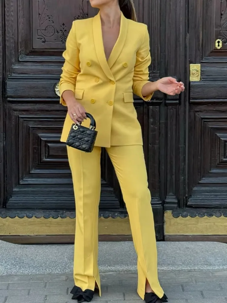 

Elegant Chic Blazer Coat Women Yellow Double Breasted Long Sleeve Jacket Coats Female 2025 New Autum Fashion Casual Slim Suit