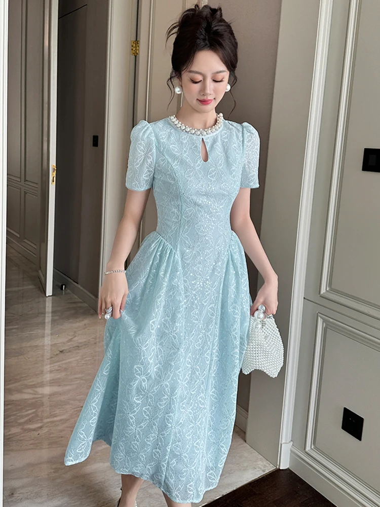 Elegant Sweet Lace ชุดเย็บปักถักร้อยเสื้อผ้าผู้หญิงอย่างเป็นทางการโอกาสเพิร์ลเลื่อม Swing ยาว Robe หญิง Party Prom Vestido Lady