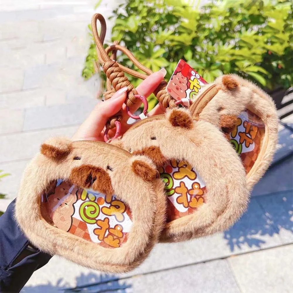 Portable PP Cotton Capybara Zero Wallet Soft Creative Transparent Badge Bag Short Rope Pendant Capybara Plush Purse Kids