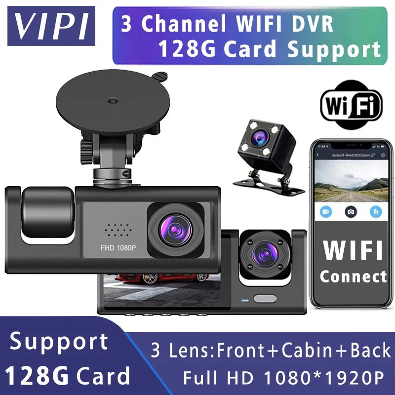 3 Channel HD1080P Car Dvr WIFI Mini Dash Cam Interior Vehicle Three Way Camera DVRs Recorder Video Registrator Dashcam Camcorder