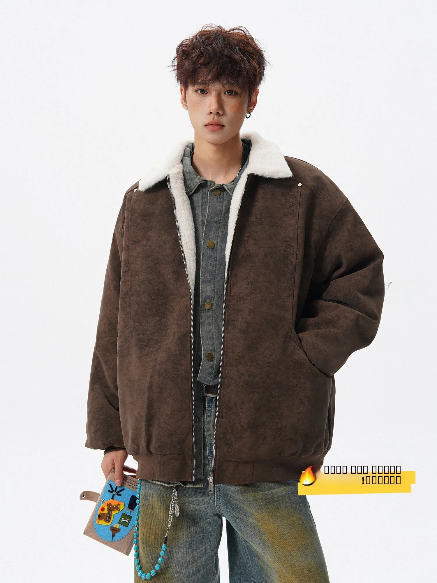 

American Sle Lamb Fur Collar PU Leather Cotton Jaet Men's Winter Trendy Loose Casual Thiened Warm Cotton Coat