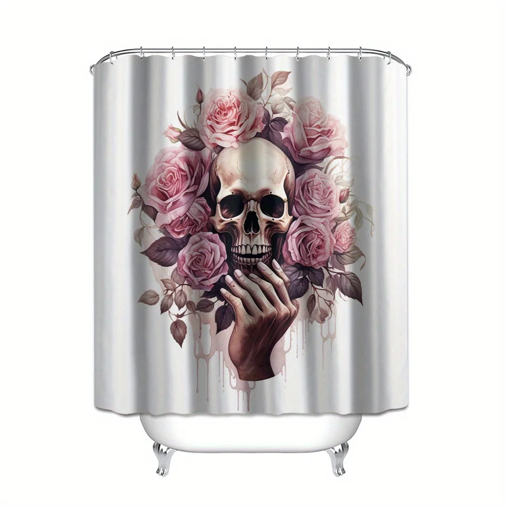 1pc/3pcs/4pcs Floral Skull Hand Digital Print Polyester Waterproof Shower Curtain, No-Drill Bathroom Partition, Cartoon Forest T