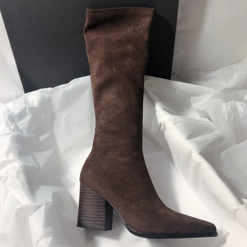 Long Tube Side Zipper French Slimming Retro Pointed-toe High-heeled Boot for Women in 2026 Autumn-winter Season